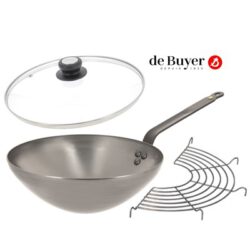 5618 De Buyer Wok aus Stahl 32 cm mit Gitter und Glasdeckel